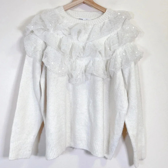 Zara Sequin  Ruffle Crew Neck Oversized Sweater - Picture 4 of 13